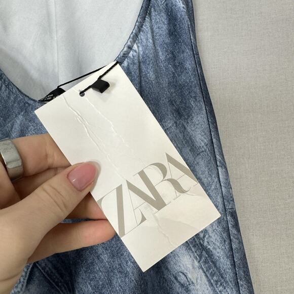 Zara Dress Womens Small Blue Denim Jean Print Satin Slip Maxi Y2K Backless Party - Picture 6 of 15
